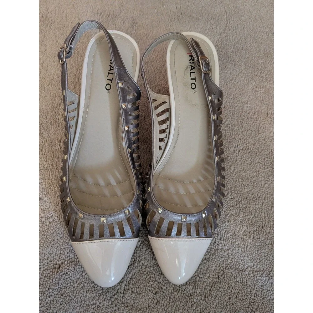 Rialto Womens Metallic Pewter Cream Studded Cage Slingback Kitten Heels 7.5M